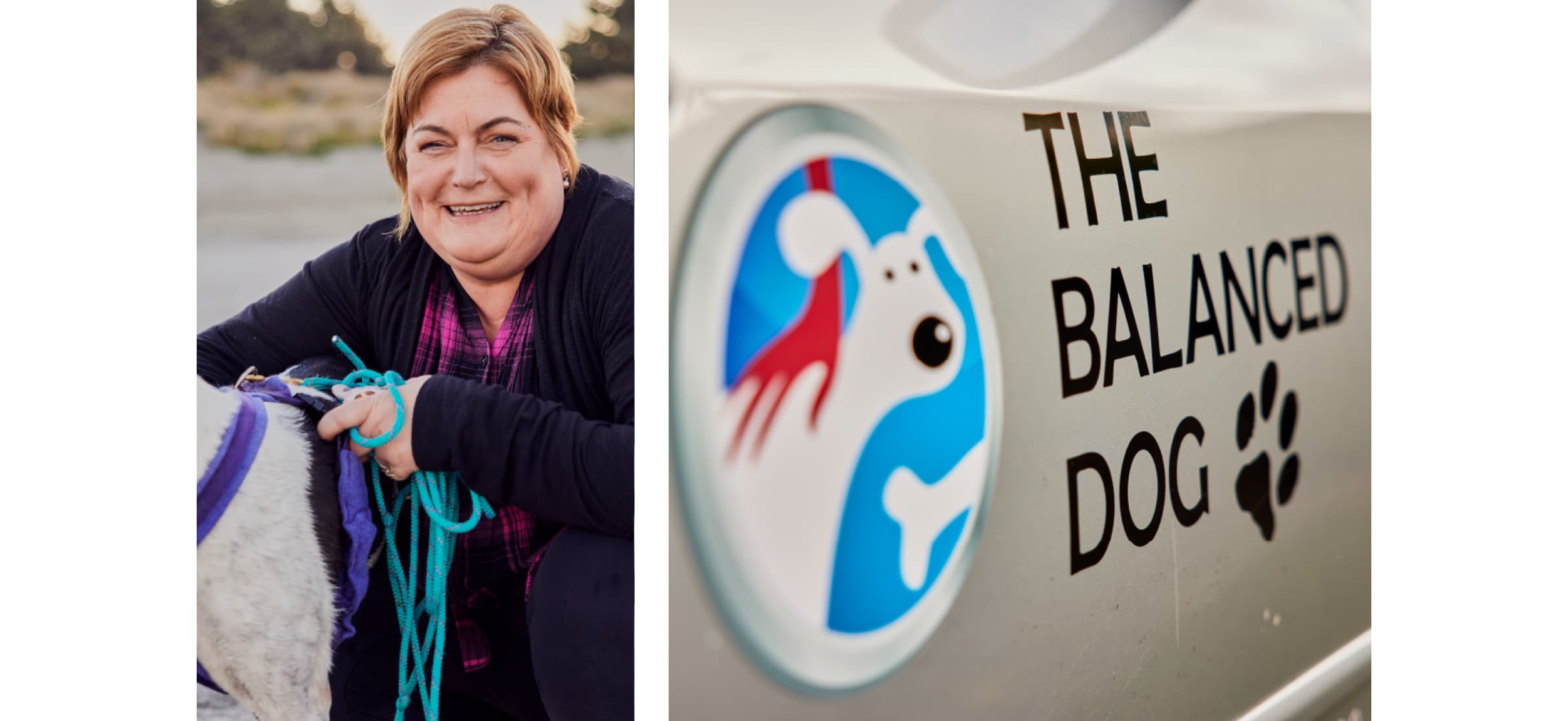 Kathleen smiling as she holds a dog, and The Balanced Dog logo displayed on a vehicle door.